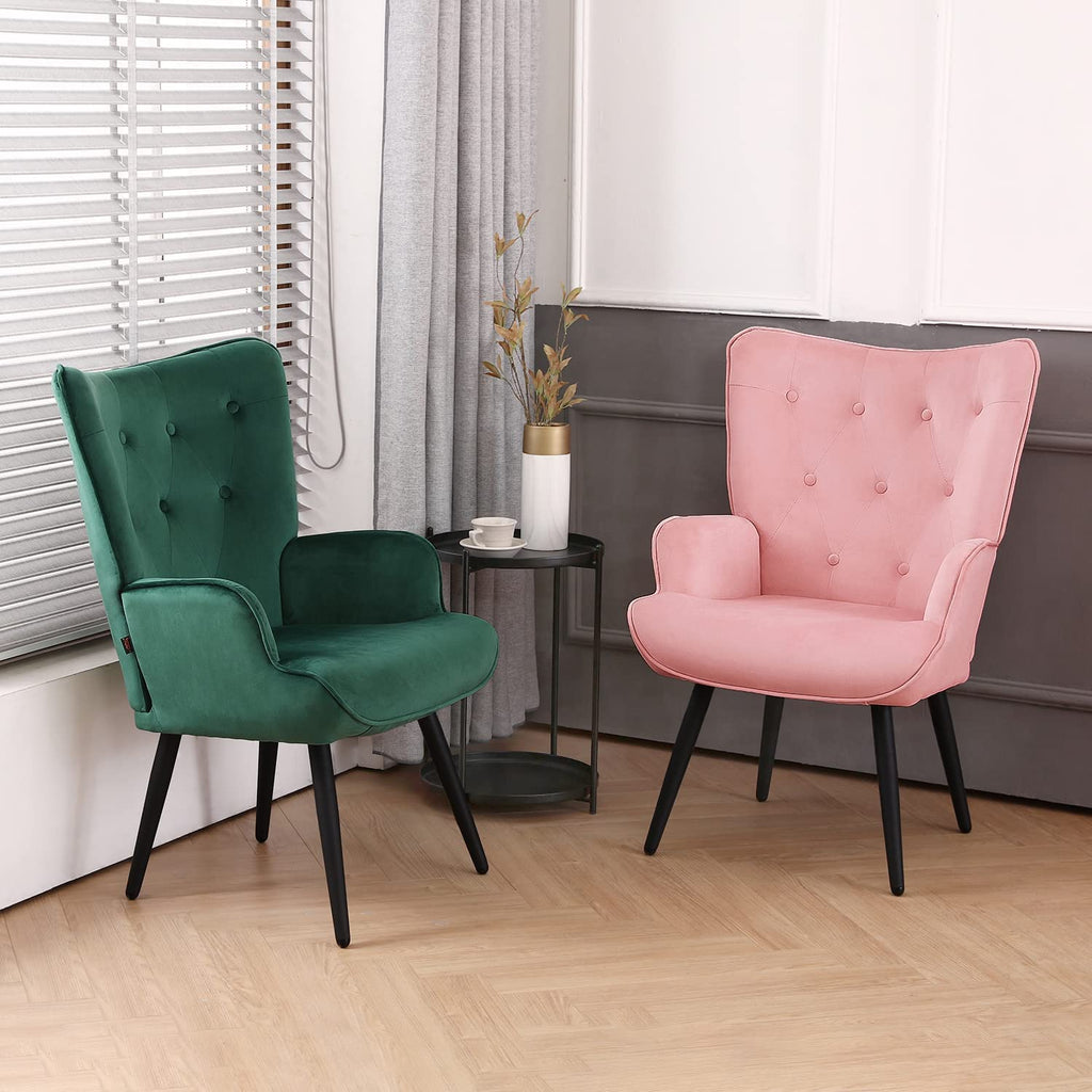 Pink Velvet Tufted Wingback Accent Chair with Solid Metal Legs S6535