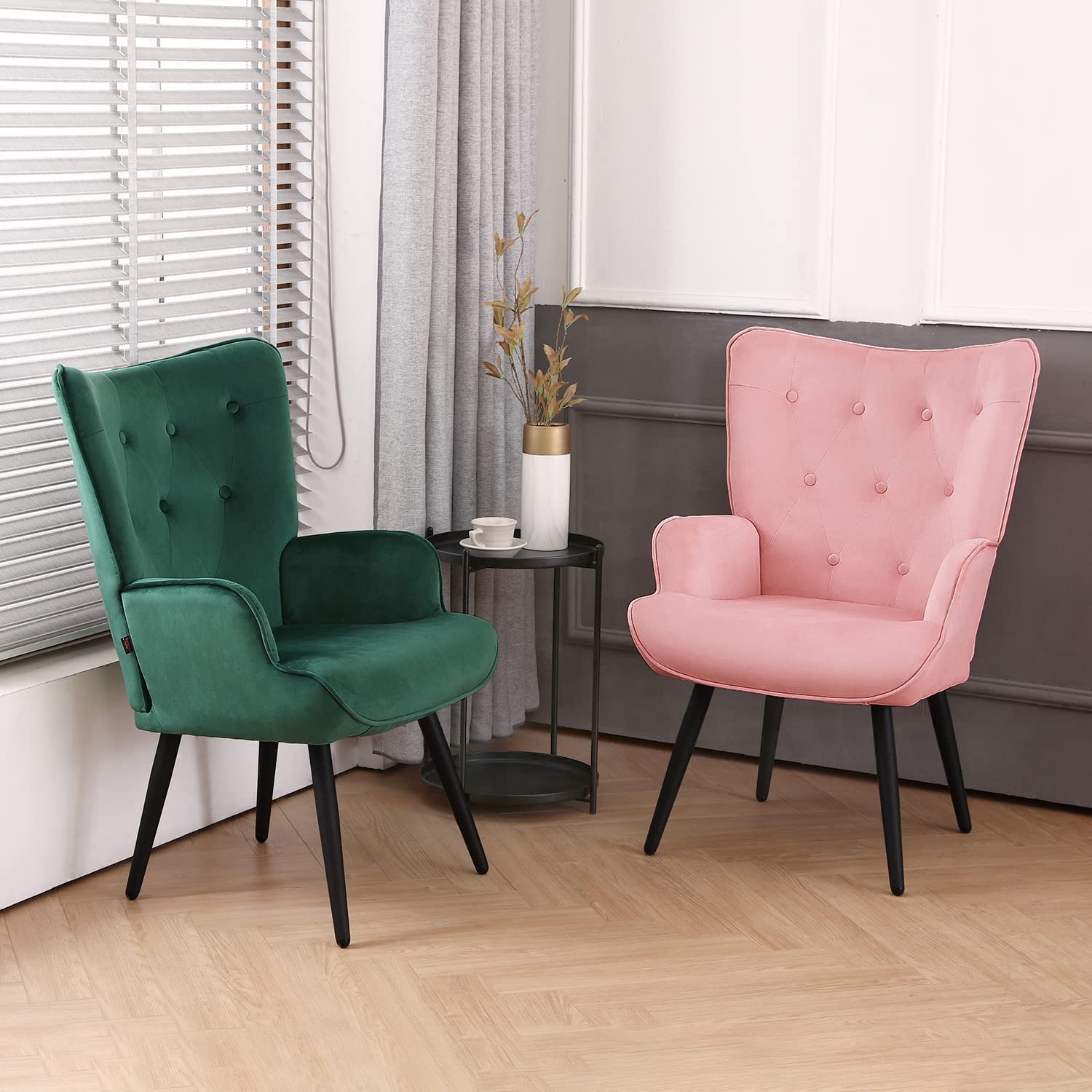 Pink Velvet Tufted Wingback Accent Chair with Solid Metal Legs S6535