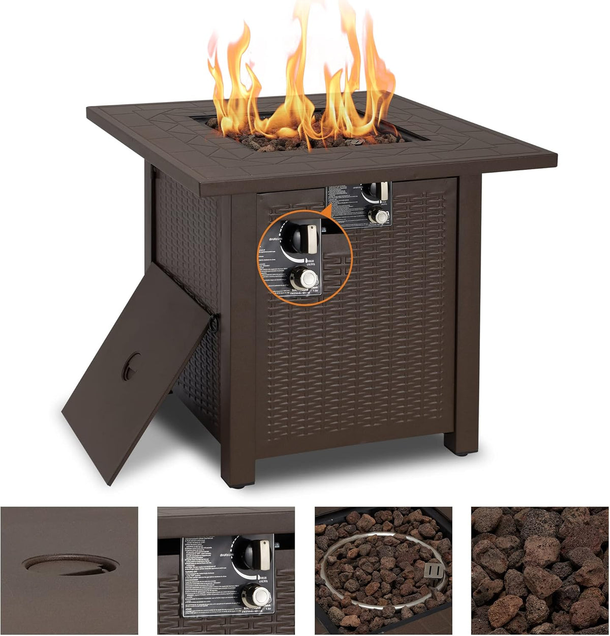 28 Inch Square Propane Fire Pit Table with Lava Stone, Lid P591345