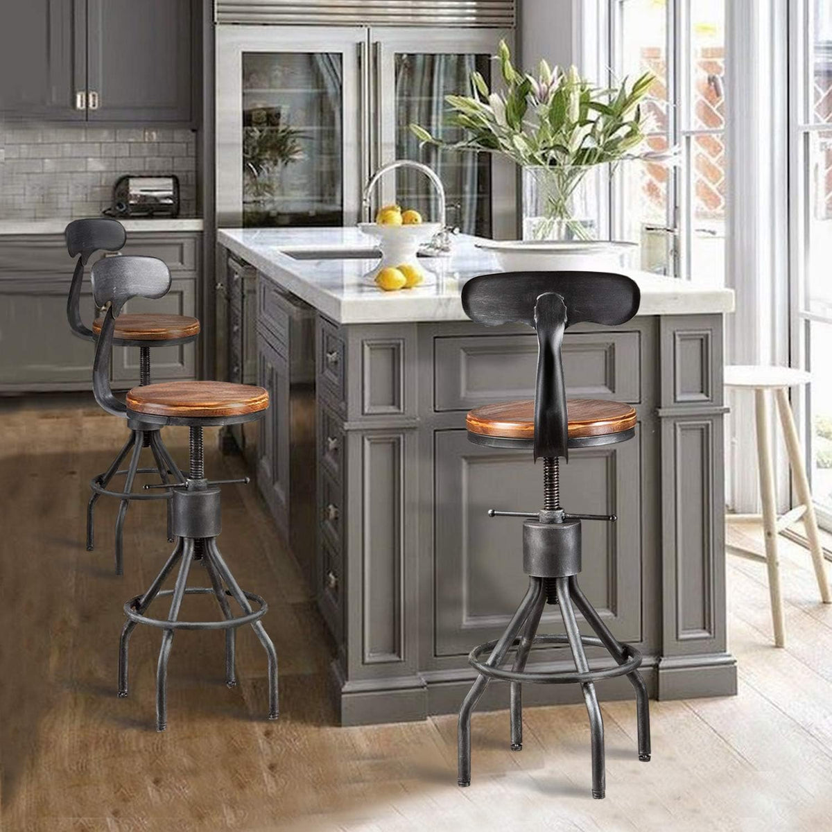 Industrial Vintage Bar Stool, Adjustable Pipe Stool, Cast Iron Stool, Swivel Bar Stool with Backrest, Metal Stool, Silver, Set of 2 K712822