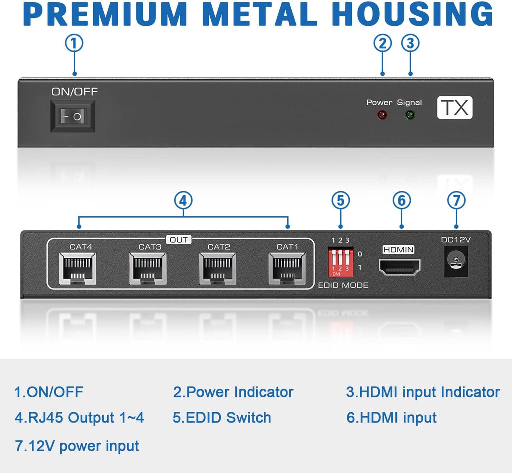 HDMI Extender Splitter 1x4, 165ft/50m, 1 in 4 Out, Over Cat5e/Cat6/7, 1080P@60hz E22835