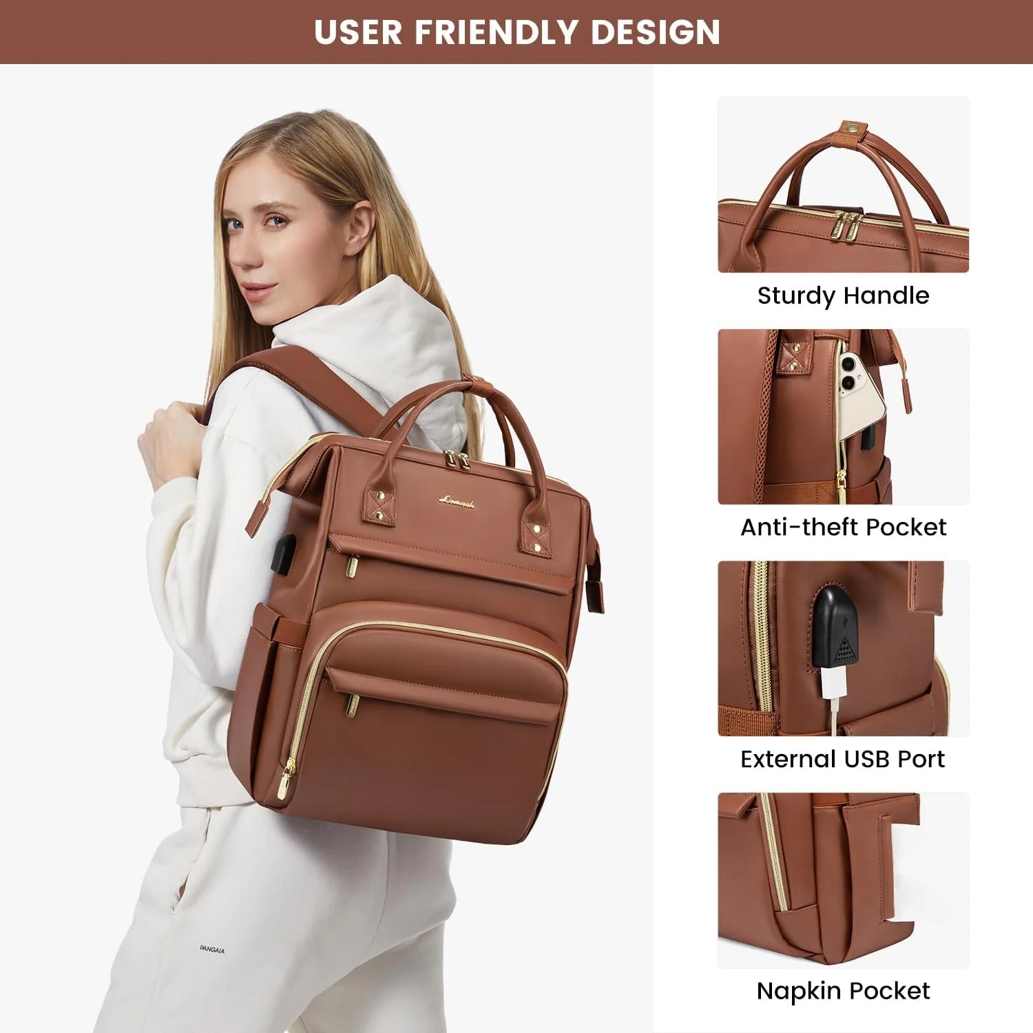15.6" Pu Leather Laptop Backpack with USB Port W285