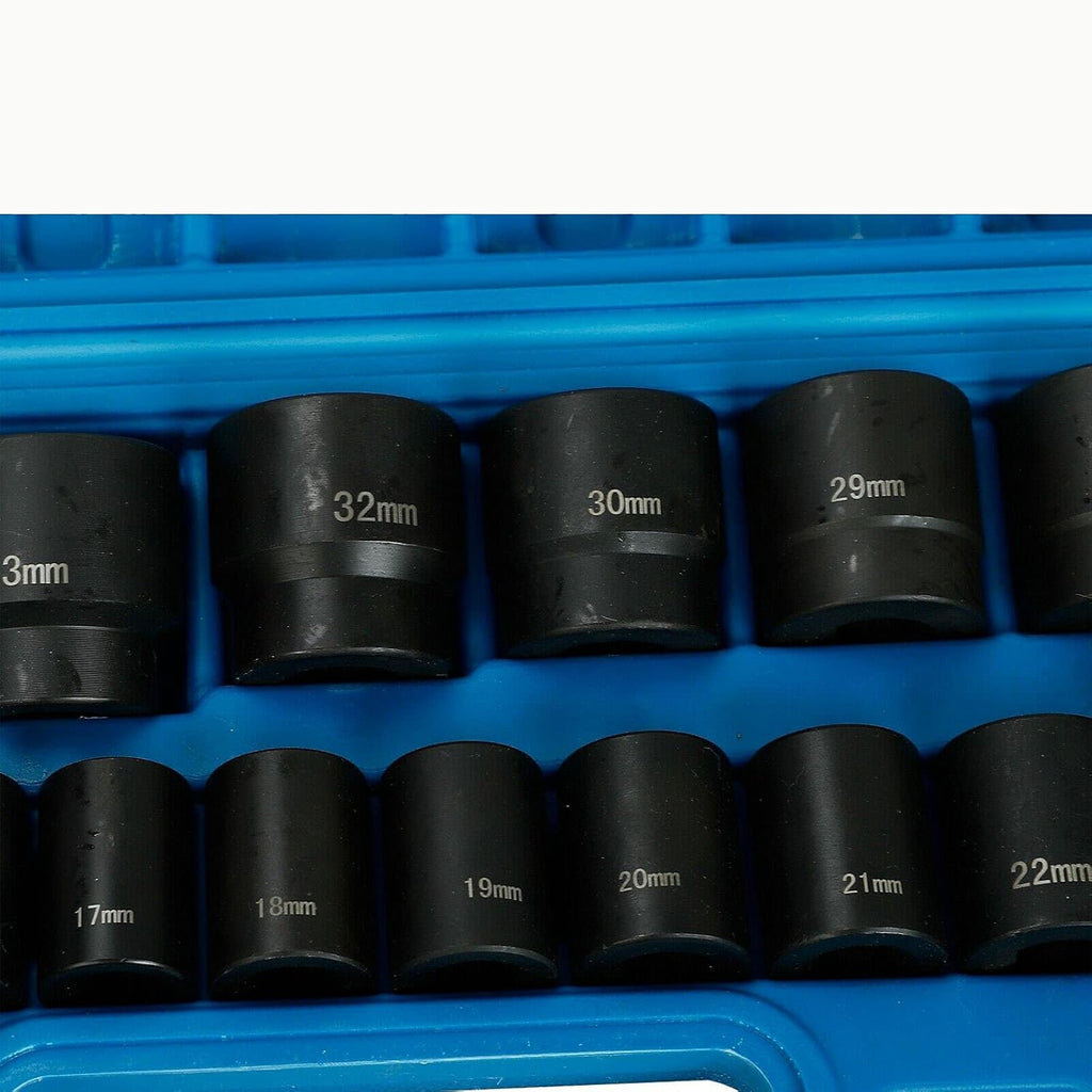 26 Piece 1/2 In Drive 6 Point Standard Impact Socket Set Deep Length Metric Sizes 10mm-36mm Storage Case I7726