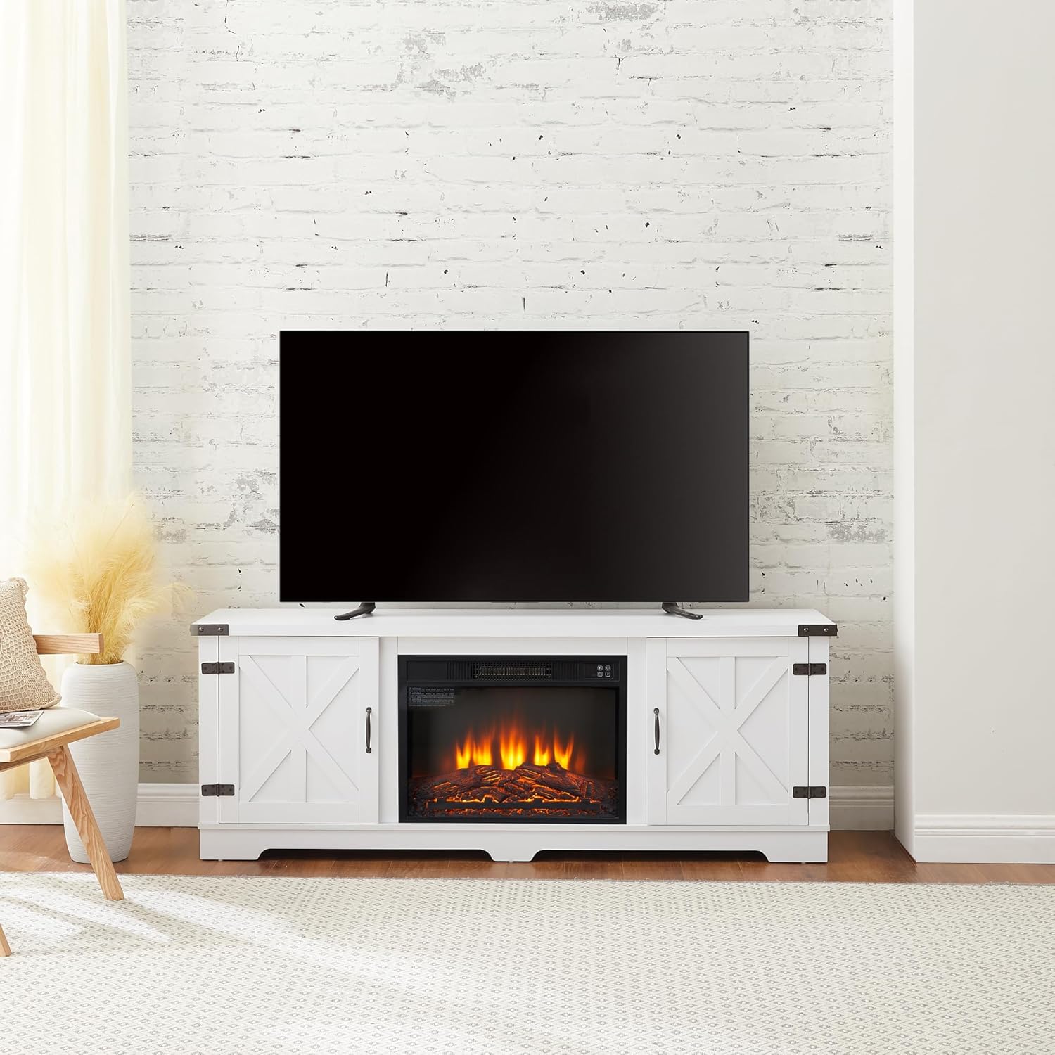 White 64.8" W TV Media Stand with Fireplace Insert X592300
