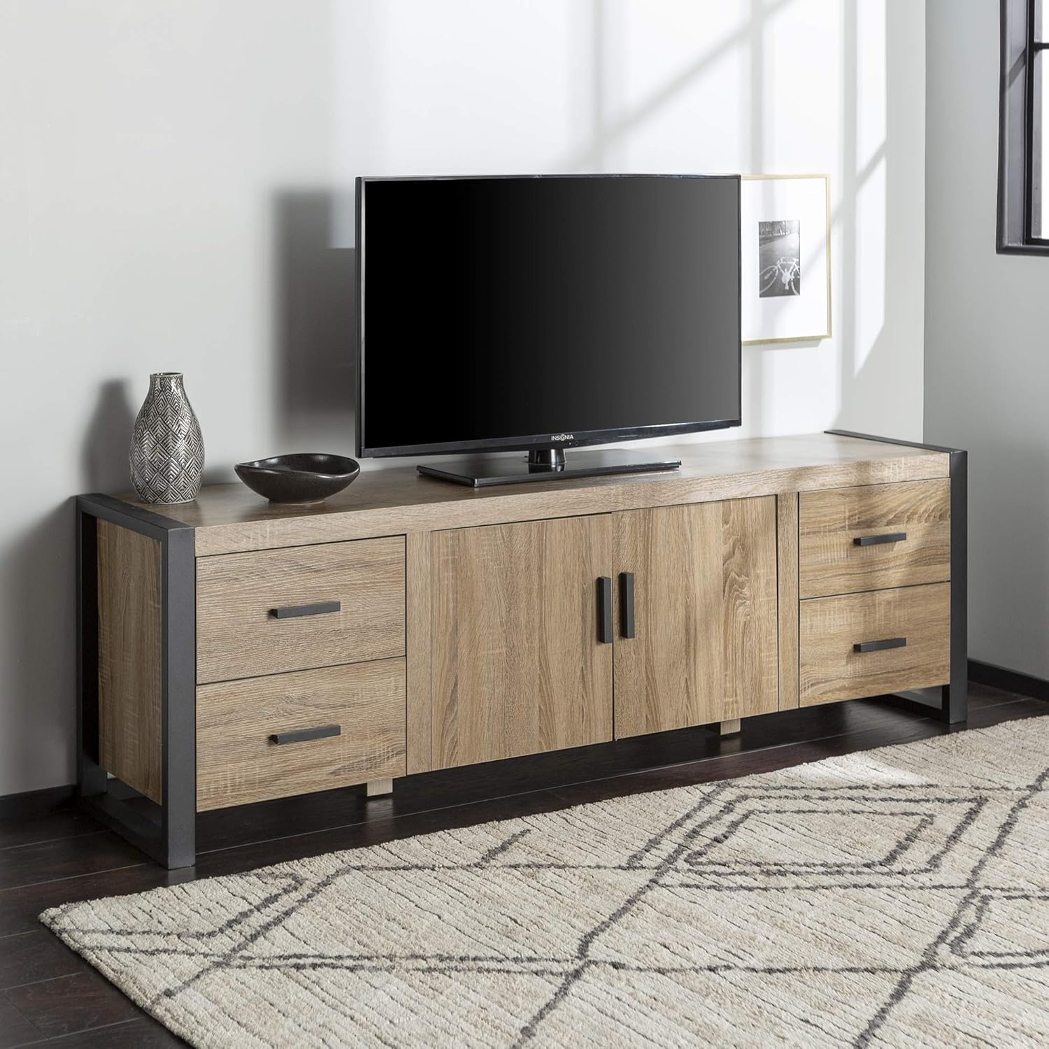 60 Inch Wood TV Stand with Cabinet Doors and Open Shelves Z6098