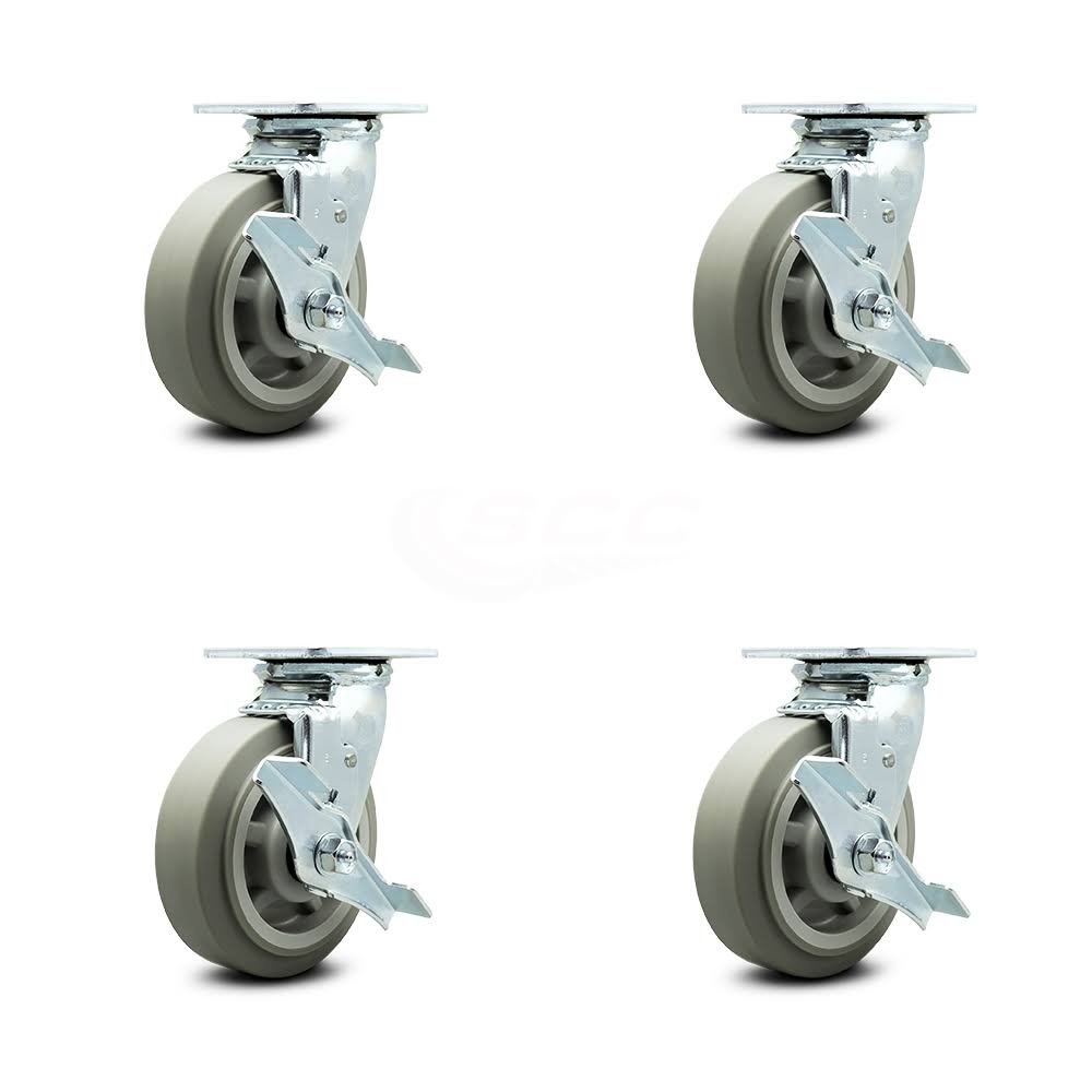 Set of 4 Gray Thermoplastic Rubber Wheel Swivel Casters with Brakes J156571