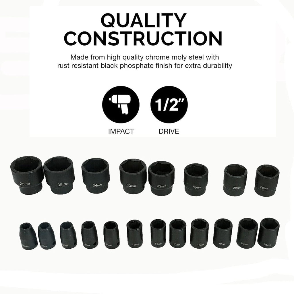 26 Piece 1/2 In Drive 6 Point Standard Impact Socket Set Deep Length Metric Sizes 10mm-36mm Storage Case I7726