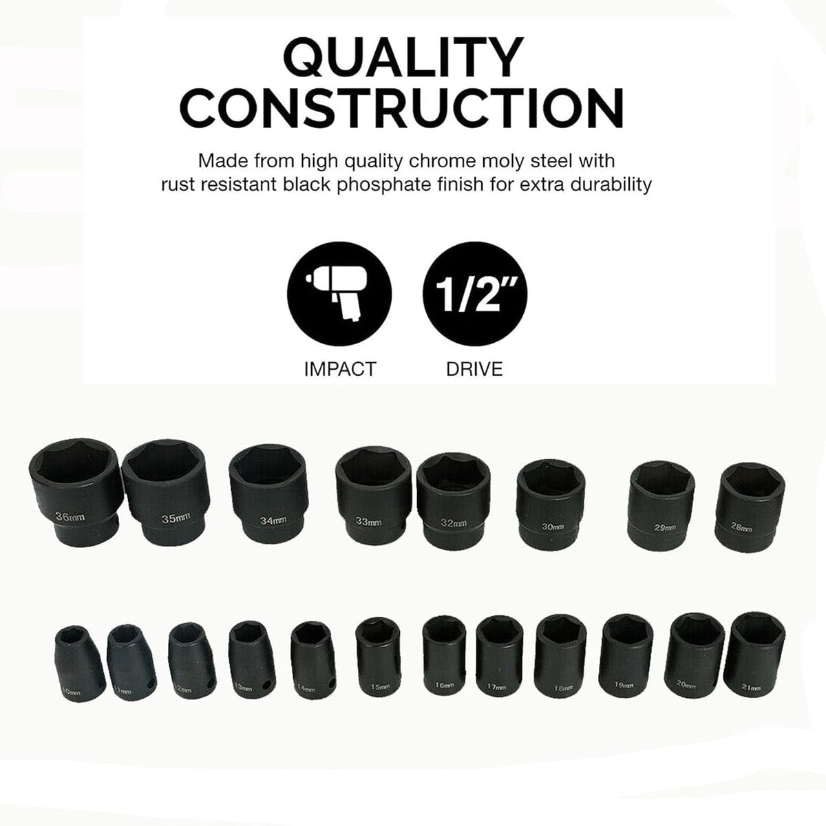 26 Piece 1/2 In Drive 6 Point Standard Impact Socket Set Deep Length Metric Sizes 10mm-36mm Storage Case I7726