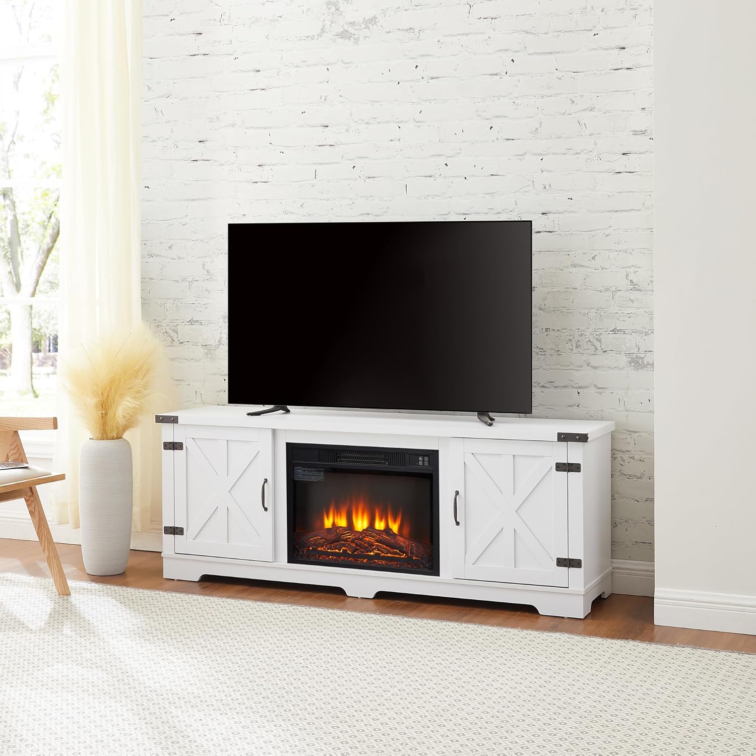 White 64.8" W TV Media Stand with Fireplace Insert X592300