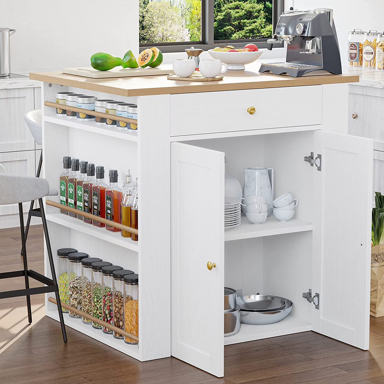 White Kitchen Island with Charging Station W7455