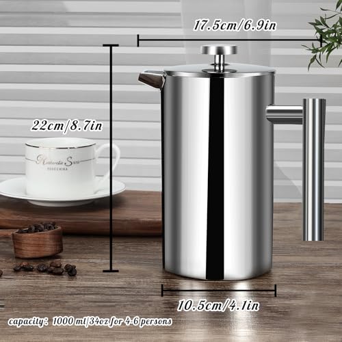 34 Ounce Stainless Steel French Press Coffee Maker with 3 Filter S660