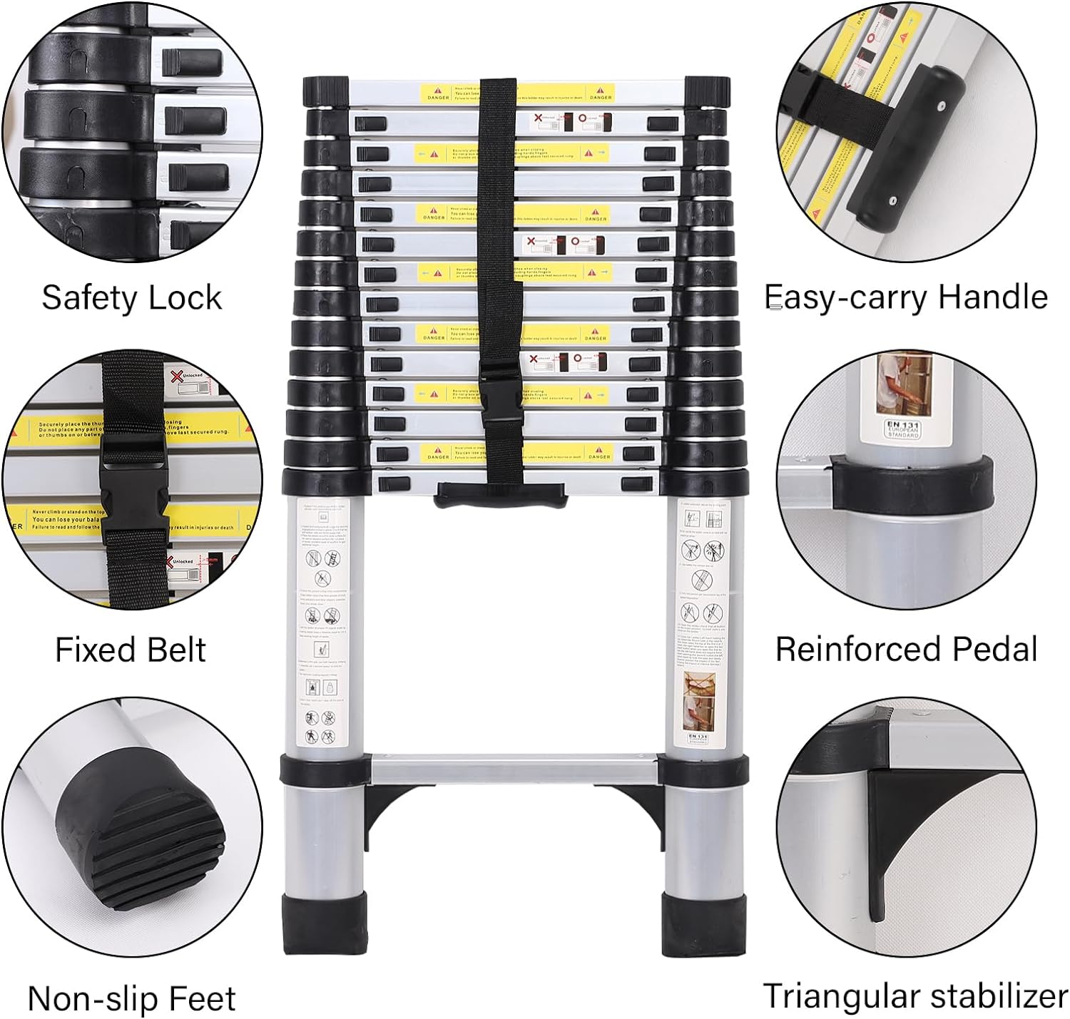 14.5FT Telescoping Aluminum Extension Ladder with Triangular Stabilizer E76667