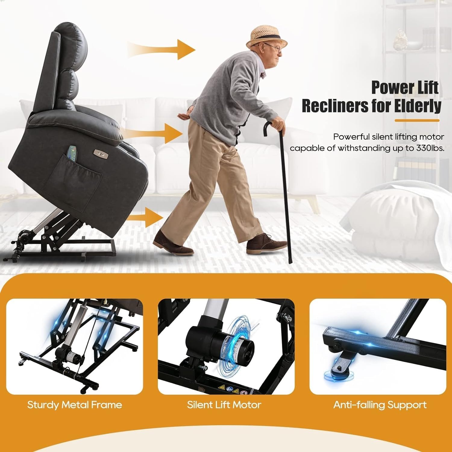 Power Lift Recliner Chair with Heat and Massage, Electric Recliner Chairs with Standing Assistance, 2 Cup Holders, USB Charge Port, Breathable Leather E304