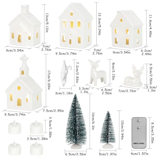 9 Piece Christmas Village Sets with 4 Remote Control Lighted Ceramic Houses, 2 Trees, 2 Deer & Santa Z172102