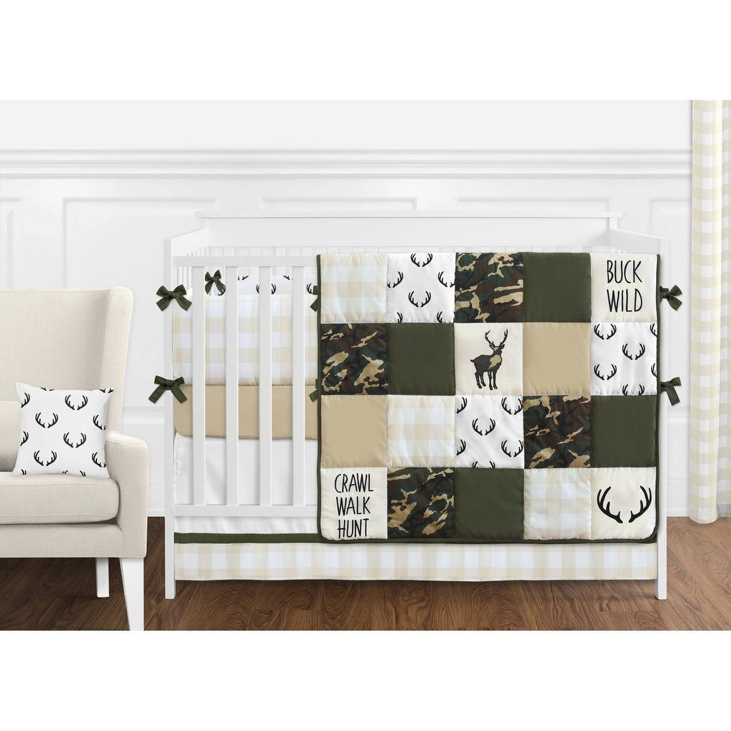 Green Beige Deer Buffalo Plaid Check Woodland Camo Camouflage 9-Piece Crib Bedding Set Q290