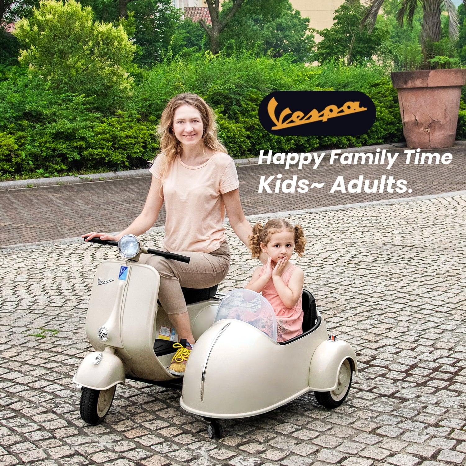 12V Licensed Vespa Ride on Motorcycle with Side Car, 2-Seater Electric Car for Kids, Grey K4003