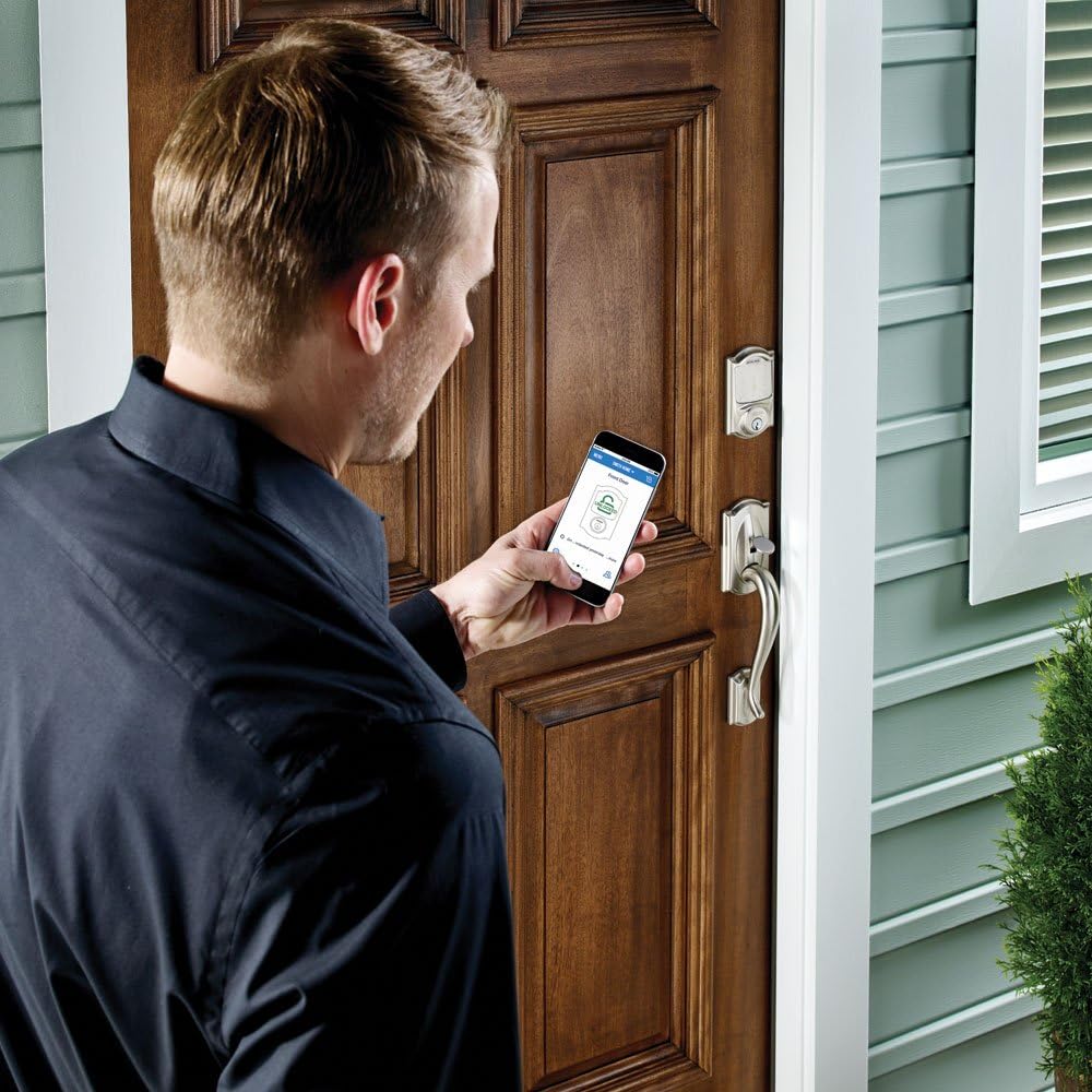 Satin Nickel Smart Deadbolt with Camelot Trim & Front Entry Handleset with Left Hand Lever U93134