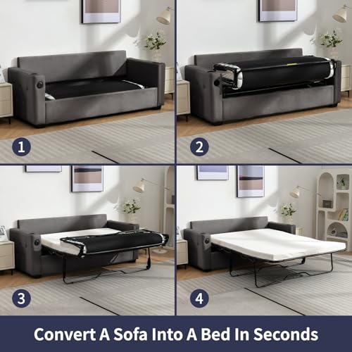 Beige Queen Pull Out Sofa Bed with Memory Foam Mattress J690