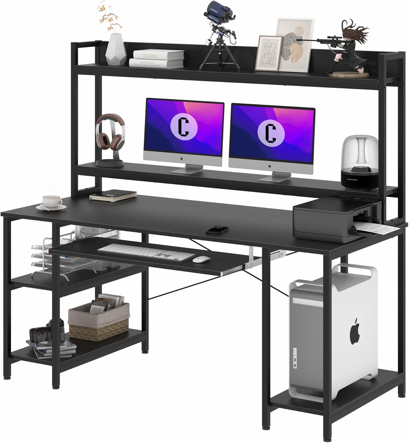 55 INCH Computer Desk with Keyboard Tray and Hutch Storage Shelves, Rustic Brown N93914