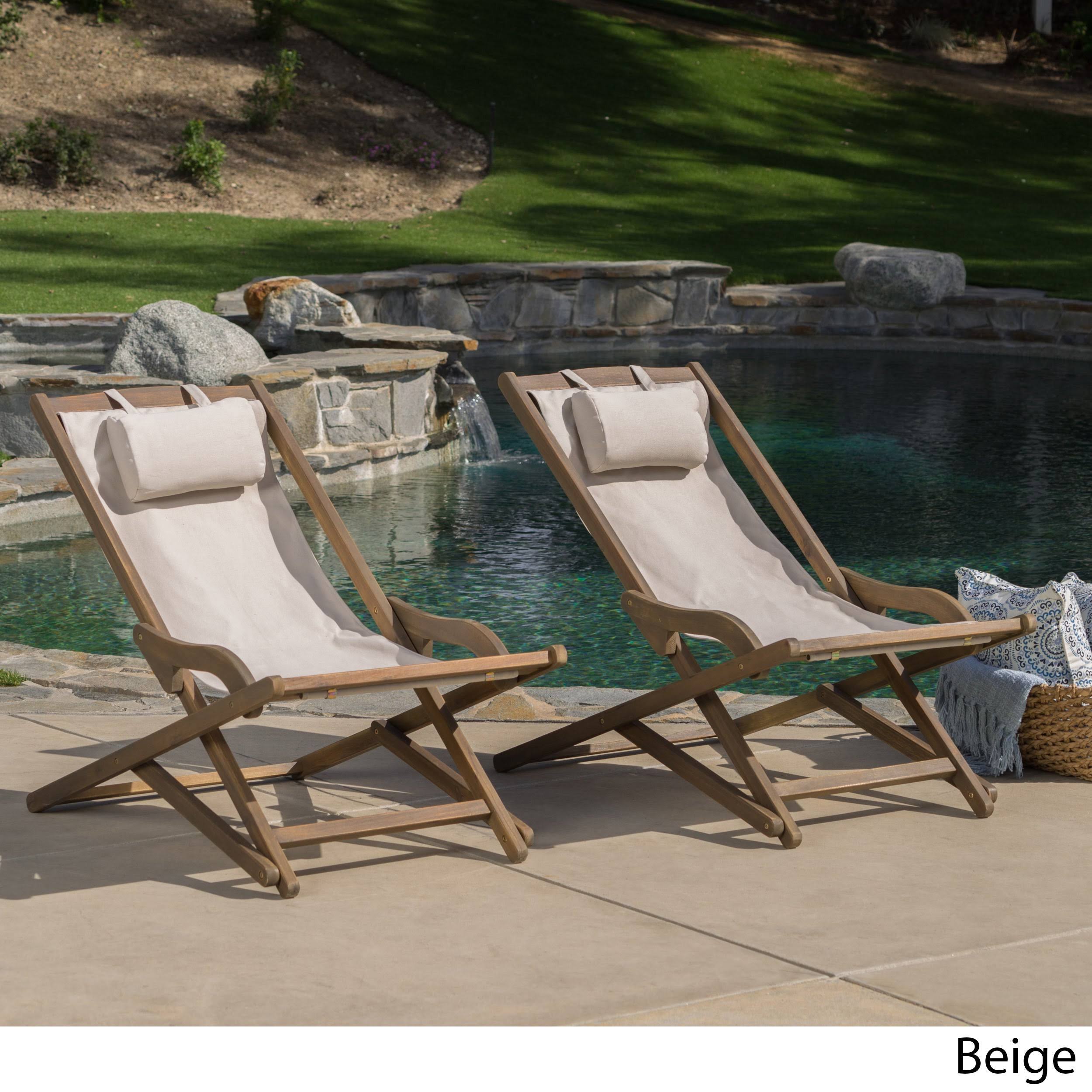 Beige Wood and Canvas Sling Chair Set of 2 L4361