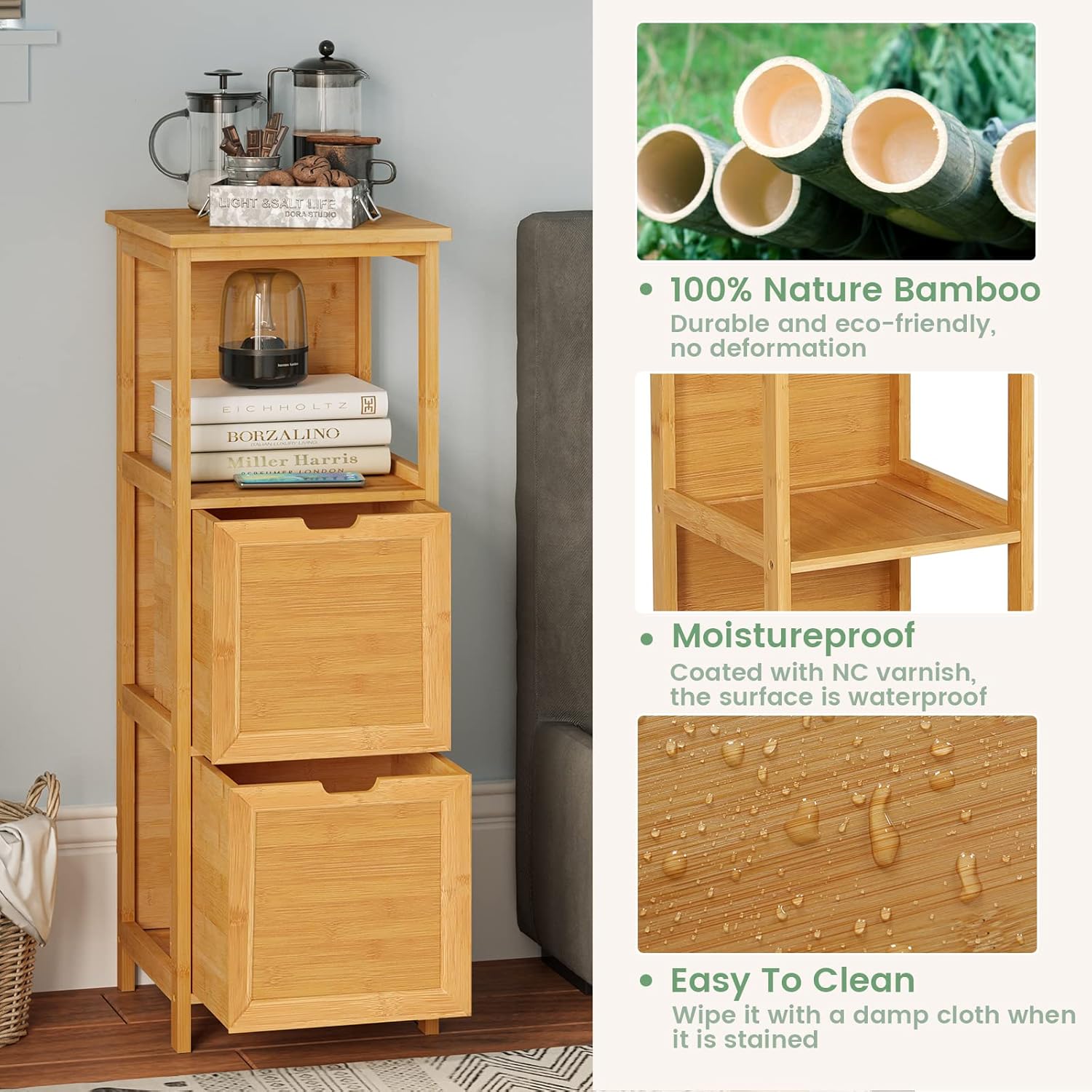 Bamboo Freestanding Corner Cabinet with 2 Removable Drawers and 3 Shelves N218