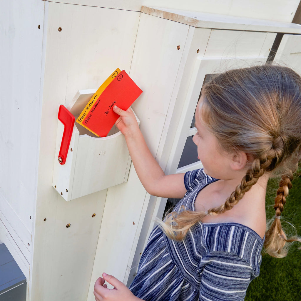 White Wooden Playhouse with Picnic Table, Mailbox & Outdoor Grill F740497