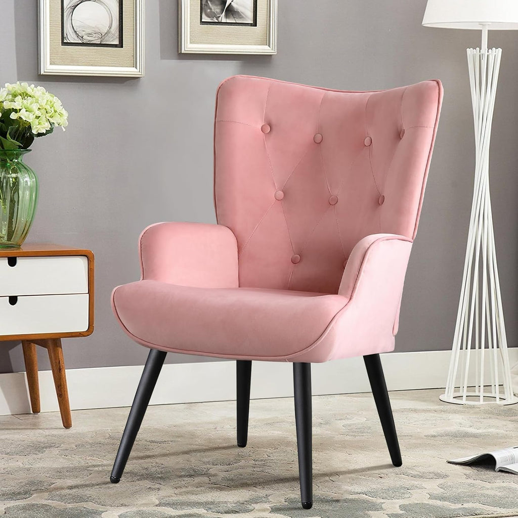 Pink Velvet Tufted Wingback Accent Chair with Solid Metal Legs S6535