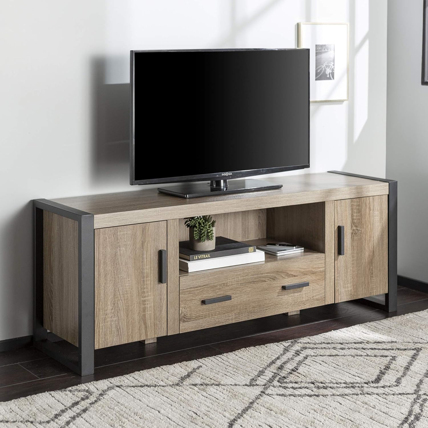 60 Inch Wood TV Stand with Cabinet Doors and Open Shelves Z6098