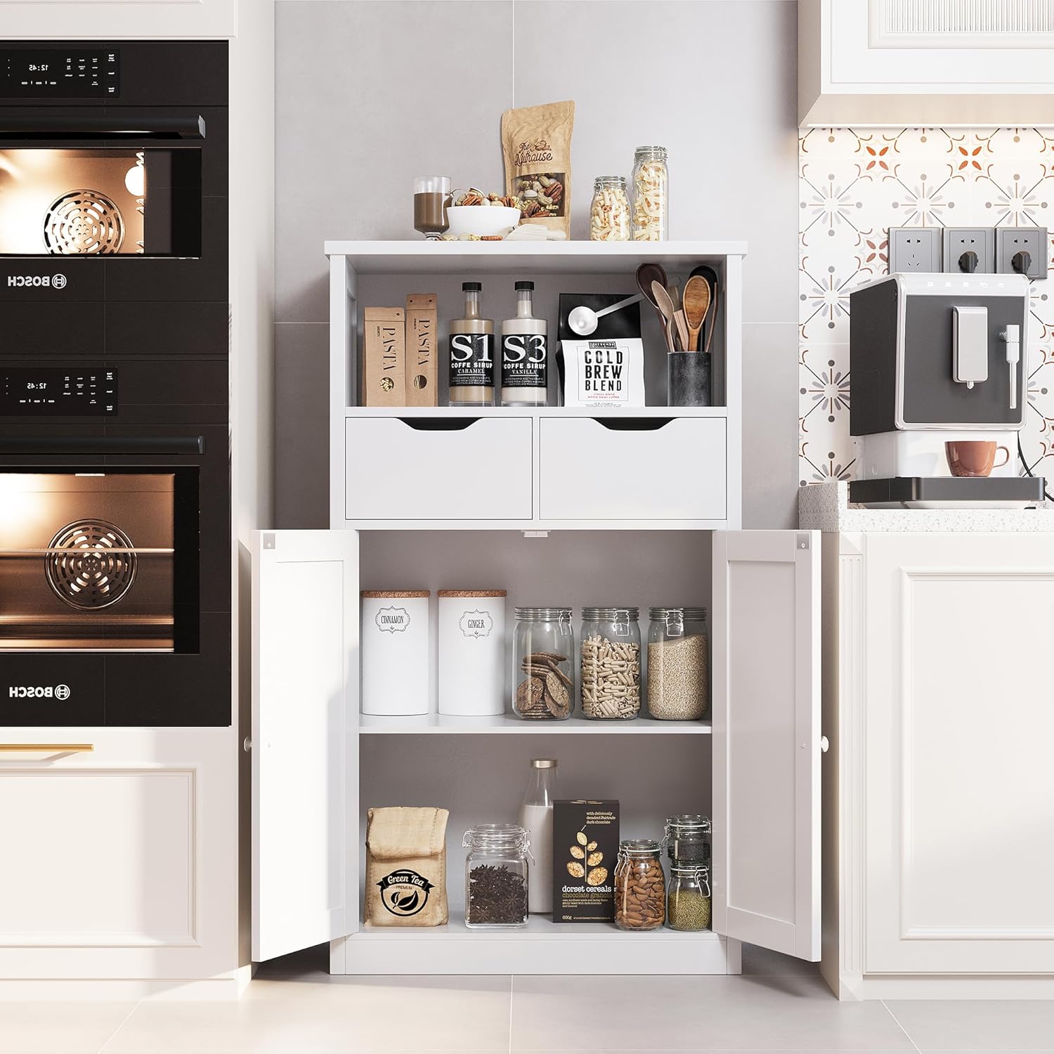 White Floor Storage Cabinet with Doors and Drawers and Adjustable Shelf I523169