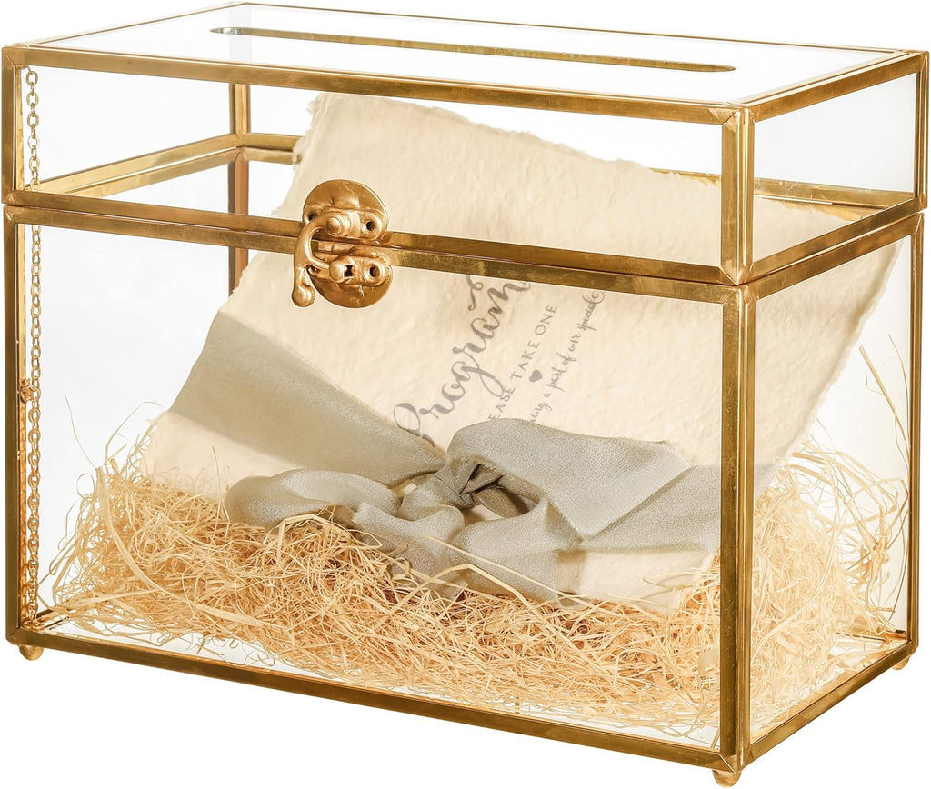 10 Glass Card Box Large Rectangle Shape Gold Terrarium with Foot, Pack of 2 H105