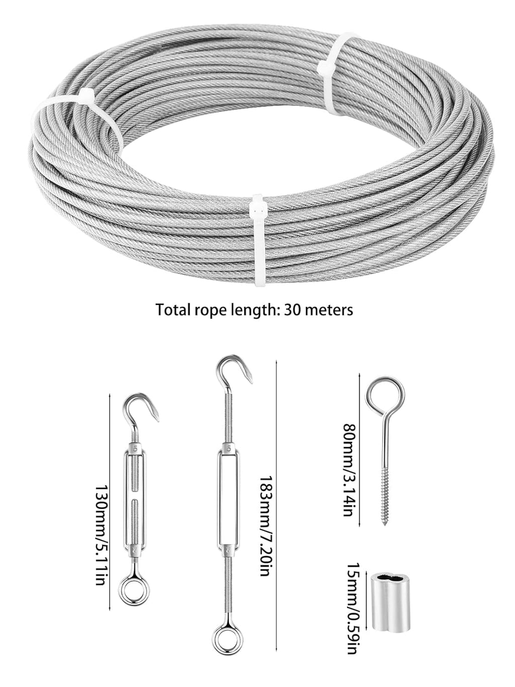 1/8 Wire Rope Kit with 100ft Stainless Steel Cable, M5 Turnbuckle Hook and Eye, Double Hole Cable Clamp P831885