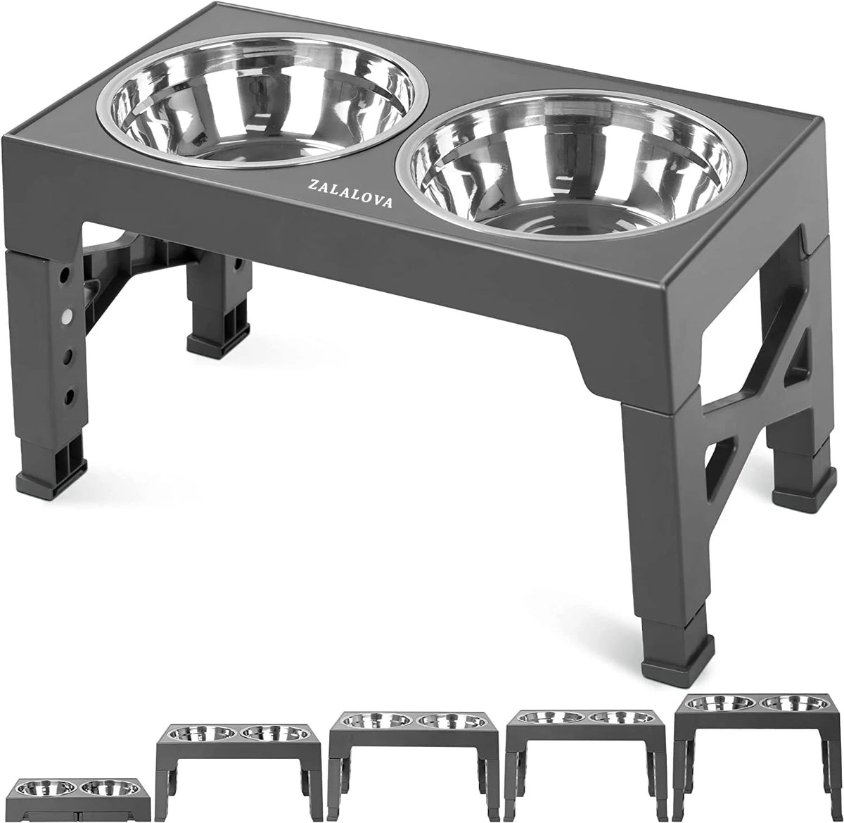 Elevated Dog Bowls Stand with 2 Stainless Steel Dishes, Raised Dog Bowl Adjusts to 5 Heights (Gray) I516