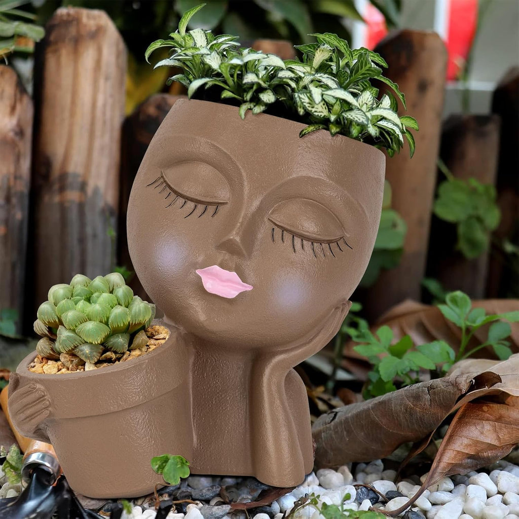 Brown Resin Face Planter Pot with Drainage Hole H48837