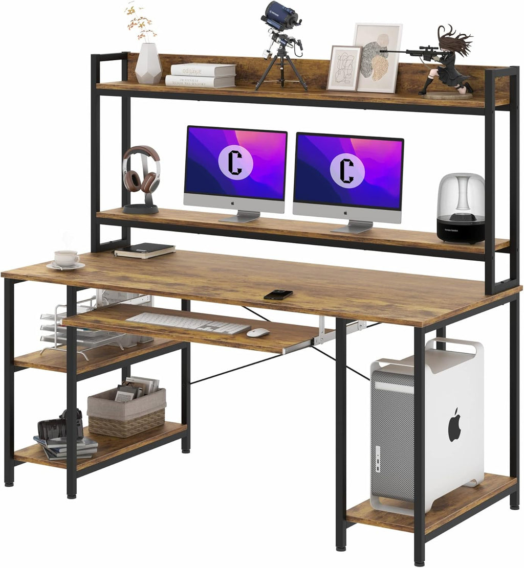 55 INCH Computer Desk with Keyboard Tray and Hutch Storage Shelves, Rustic Brown N93914