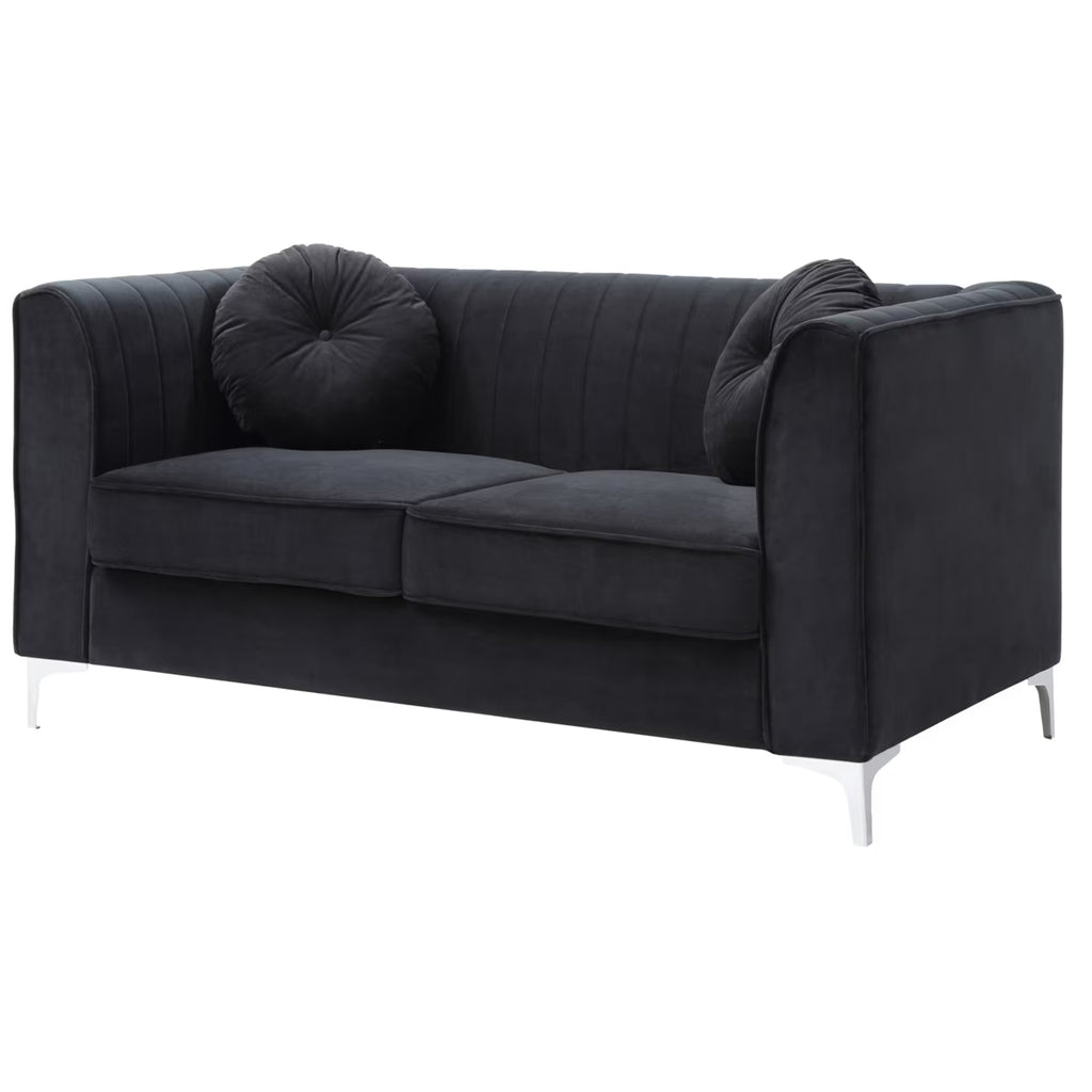 Black Tuxedo Arm Velvet Loveseat with 2-Throw Pillow R65361