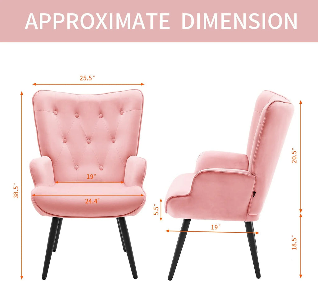 Pink Velvet Tufted Wingback Accent Chair with Solid Metal Legs S6535