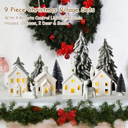 9 Piece Christmas Village Sets with 4 Remote Control Lighted Ceramic Houses, 2 Trees, 2 Deer & Santa Z172102