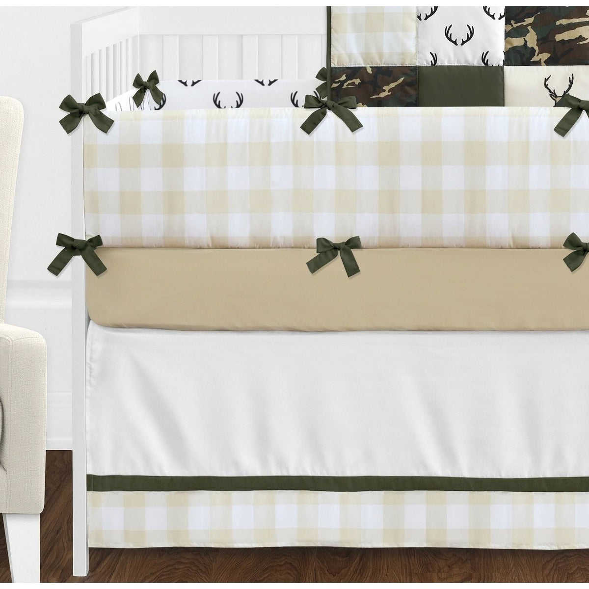 Green Beige Deer Buffalo Plaid Check Woodland Camo Camouflage 9-Piece Crib Bedding Set Q290