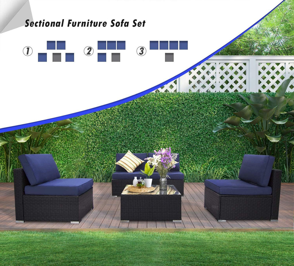 5 Piece Outdoor Rattan Sofa Set with Cushions and Tempered Glass Tea Table Y8295