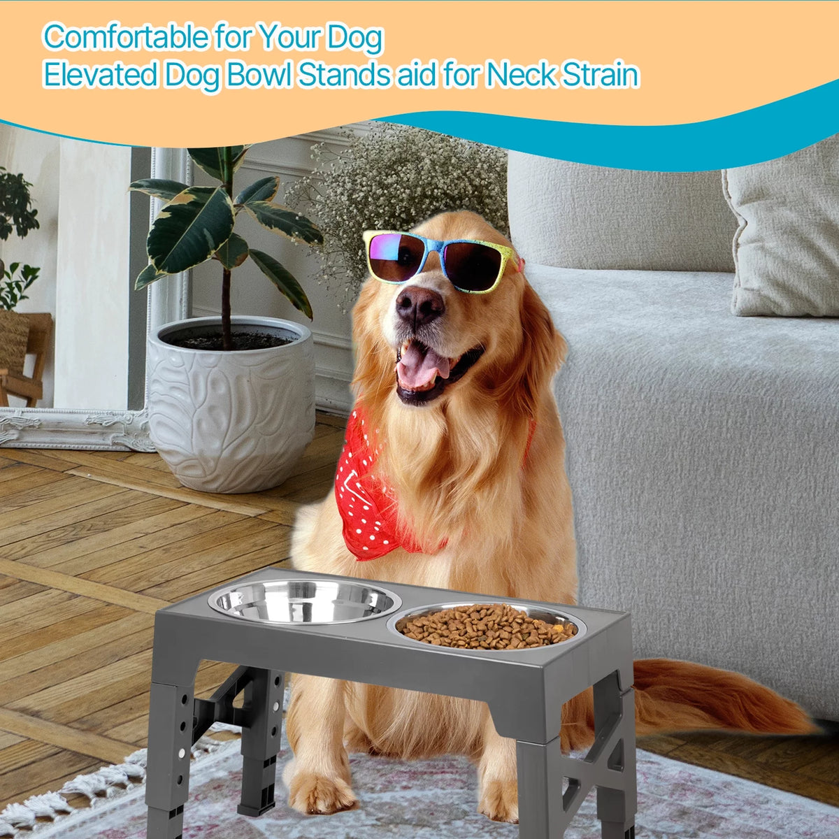 Elevated Dog Bowls Stand with 2 Stainless Steel Dishes, Raised Dog Bowl Adjusts to 5 Heights (Gray) I516