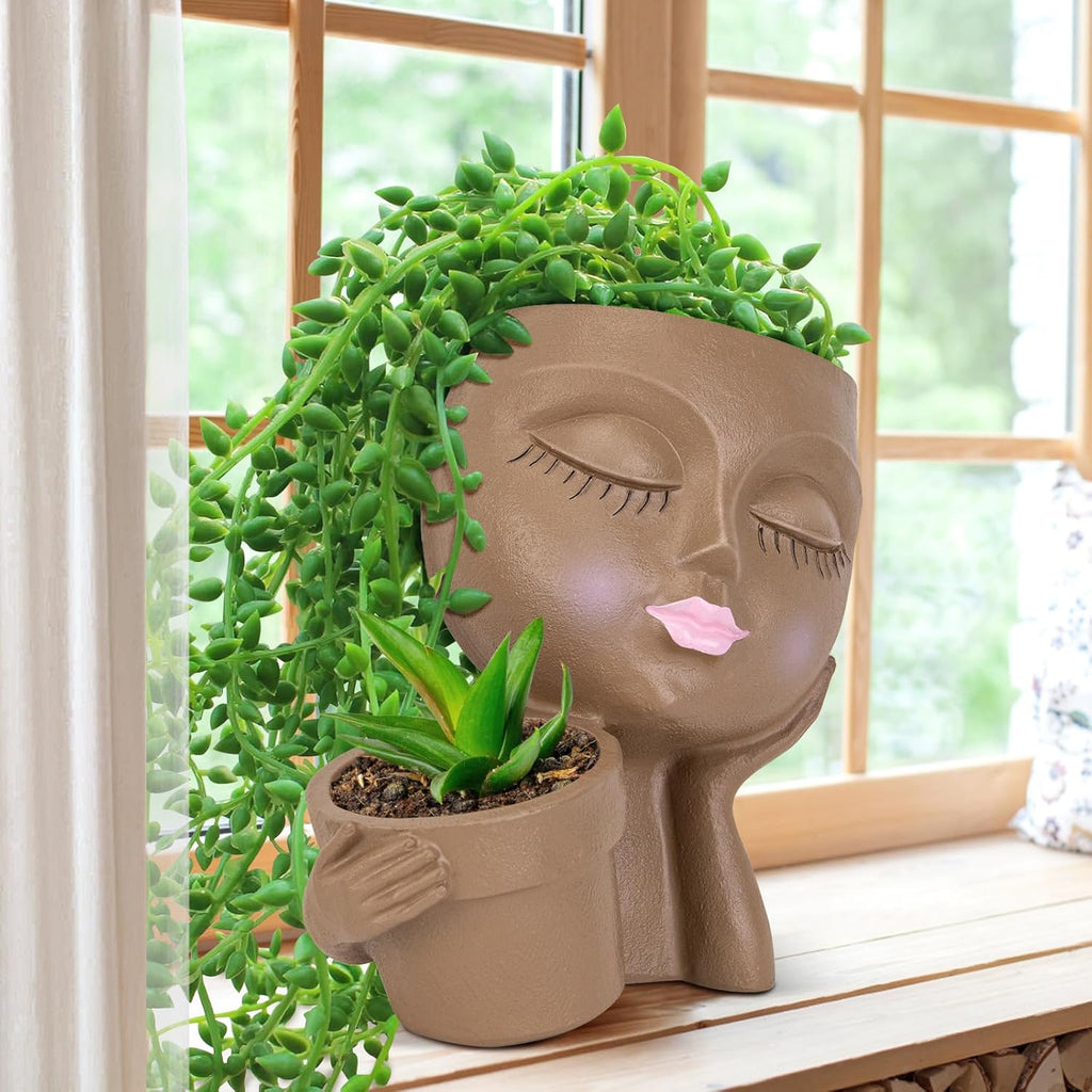 Brown Resin Face Planter Pot with Drainage Hole H48837