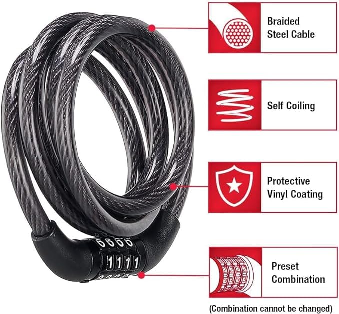 5 Foot Coiled Resettable Combination Bicycle Cable Lock A732141