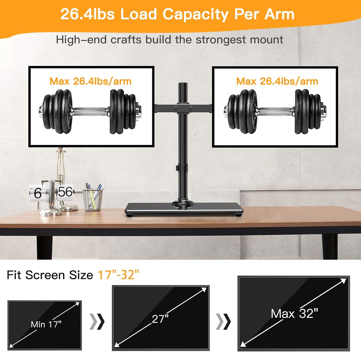Dual Monitor Stand with Glass Base, Height Adjustable Two Arm Monitor Mount, Heavy Duty, Pack of 2 D95184