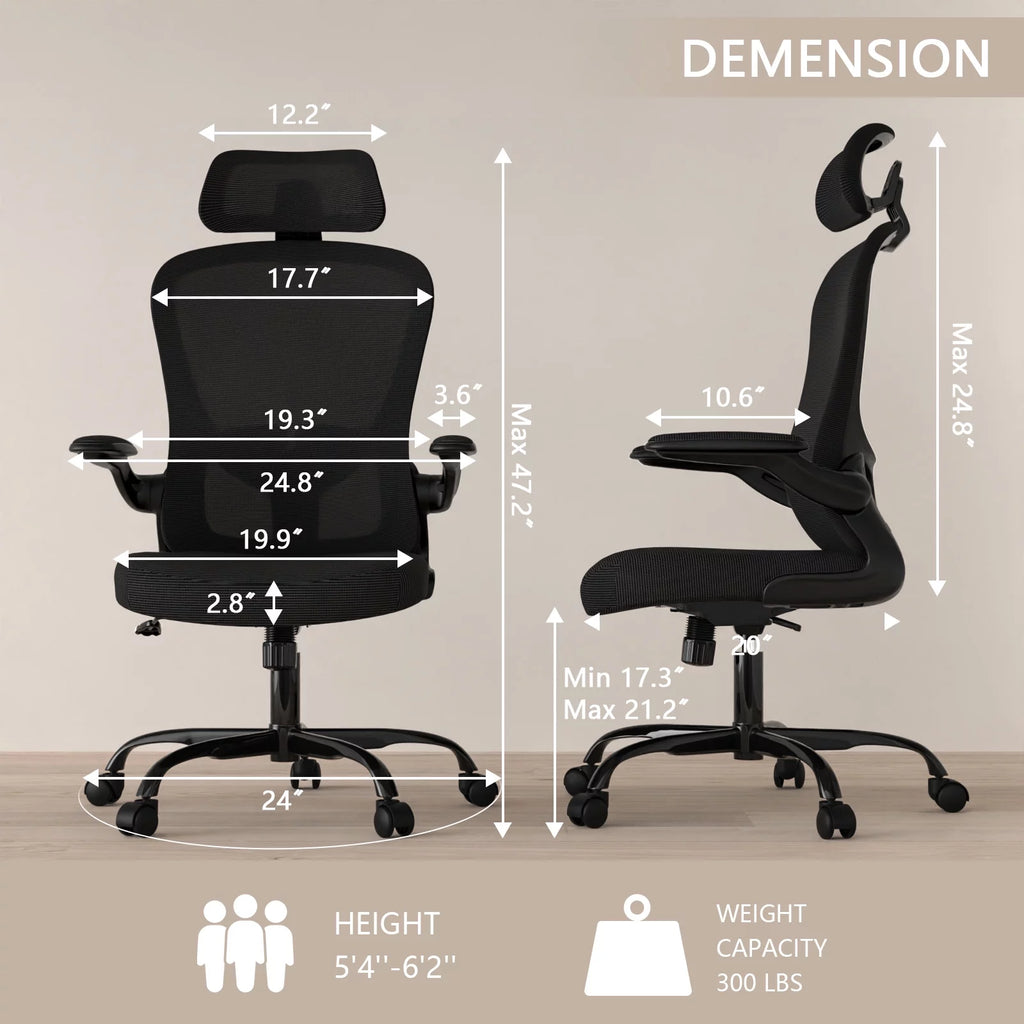 High Back Ergonomic Swivel Office Chair with Flip-up Armrests, Black P5575
