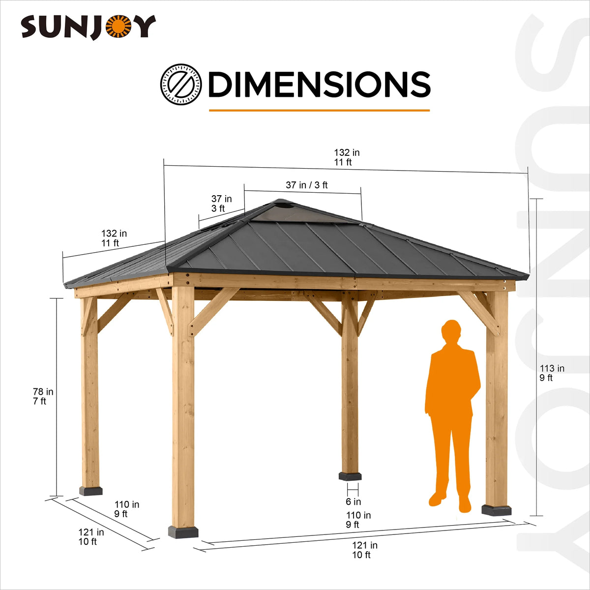 Cedar Framed Gazebo with Black Steel and Polycarbonate Hip Roof Hardtop O93301