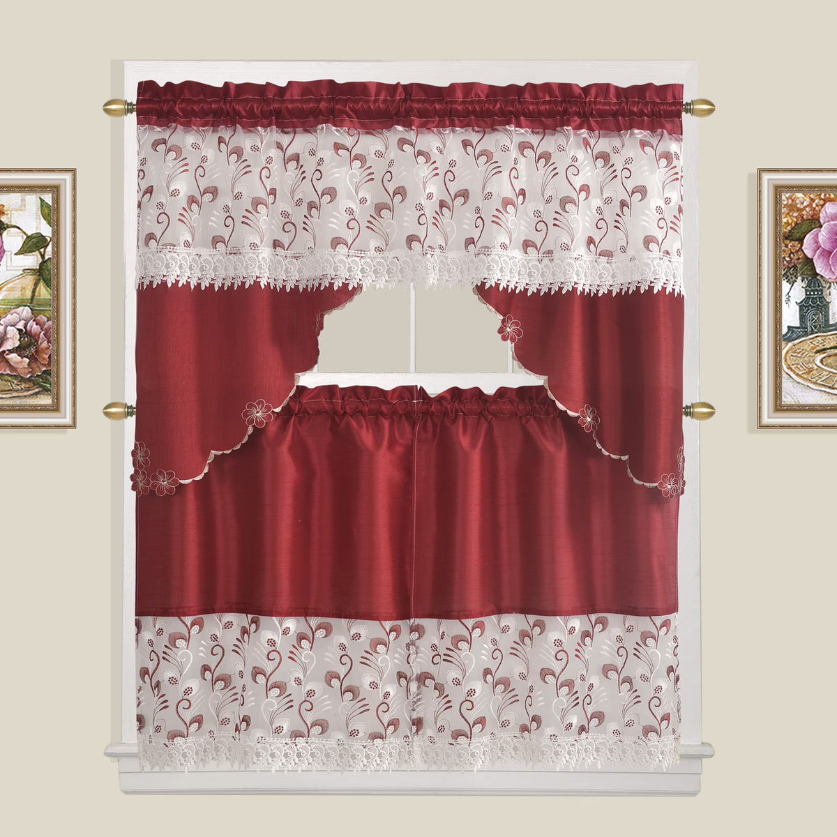 Burgundy 3-Piece Kitchen Curtain Tiers & Swag Set, 58x36 & 28x36 inches P884