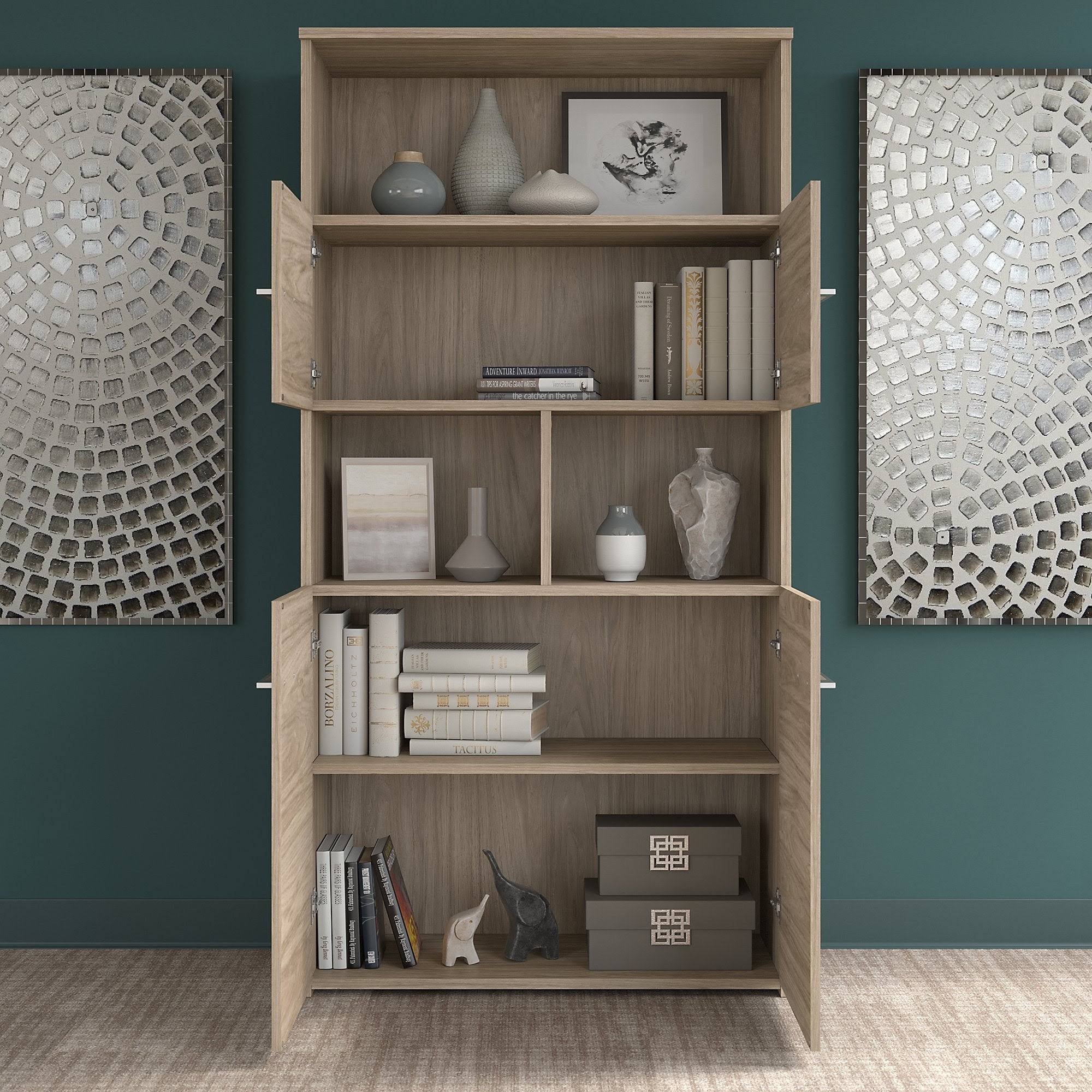 5 Shelf Bookcase with Doors, Sand Oak M323