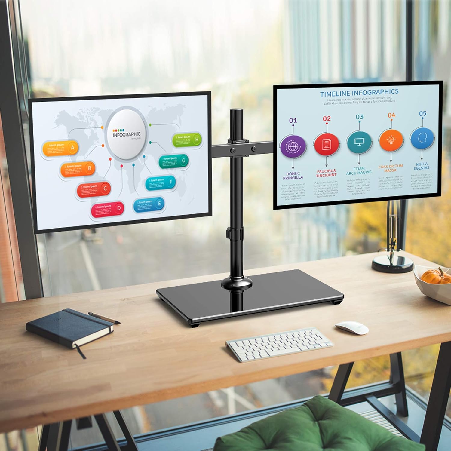 Dual Monitor Stand with Glass Base, Height Adjustable Two Arm Monitor Mount, Heavy Duty, Pack of 2 D95184