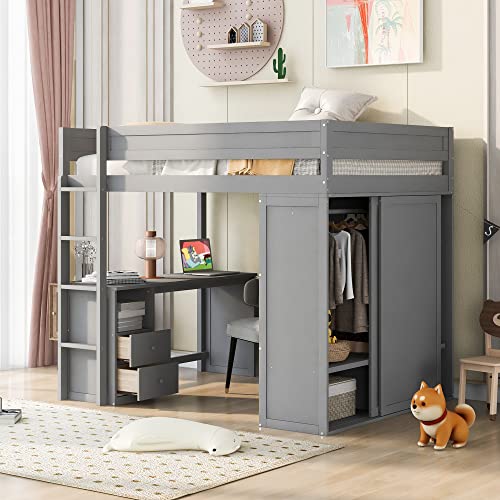 White Full Size Wooden Loft Bed with Storage Wardrobe and Desk O744485