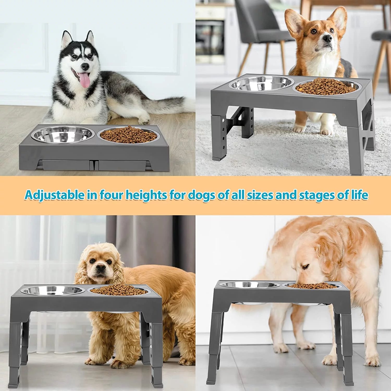 Elevated Dog Bowls Stand with 2 Stainless Steel Dishes, Raised Dog Bowl Adjusts to 5 Heights (Gray) I516